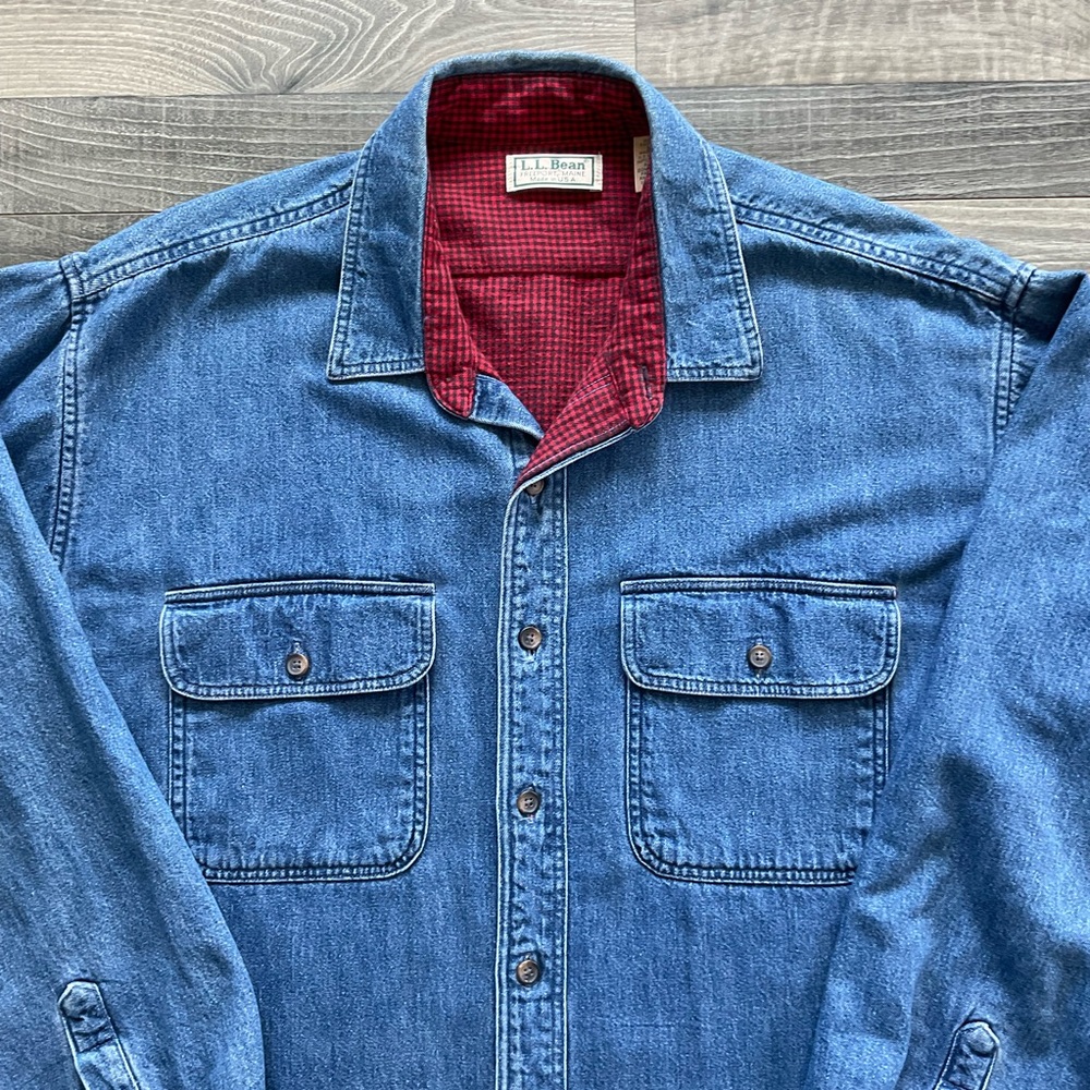 VTG LL Bean Flannel Lined Denim Shirt Shacket Men’s LARGE Blue MADE IN USA - Picture 5 of 13